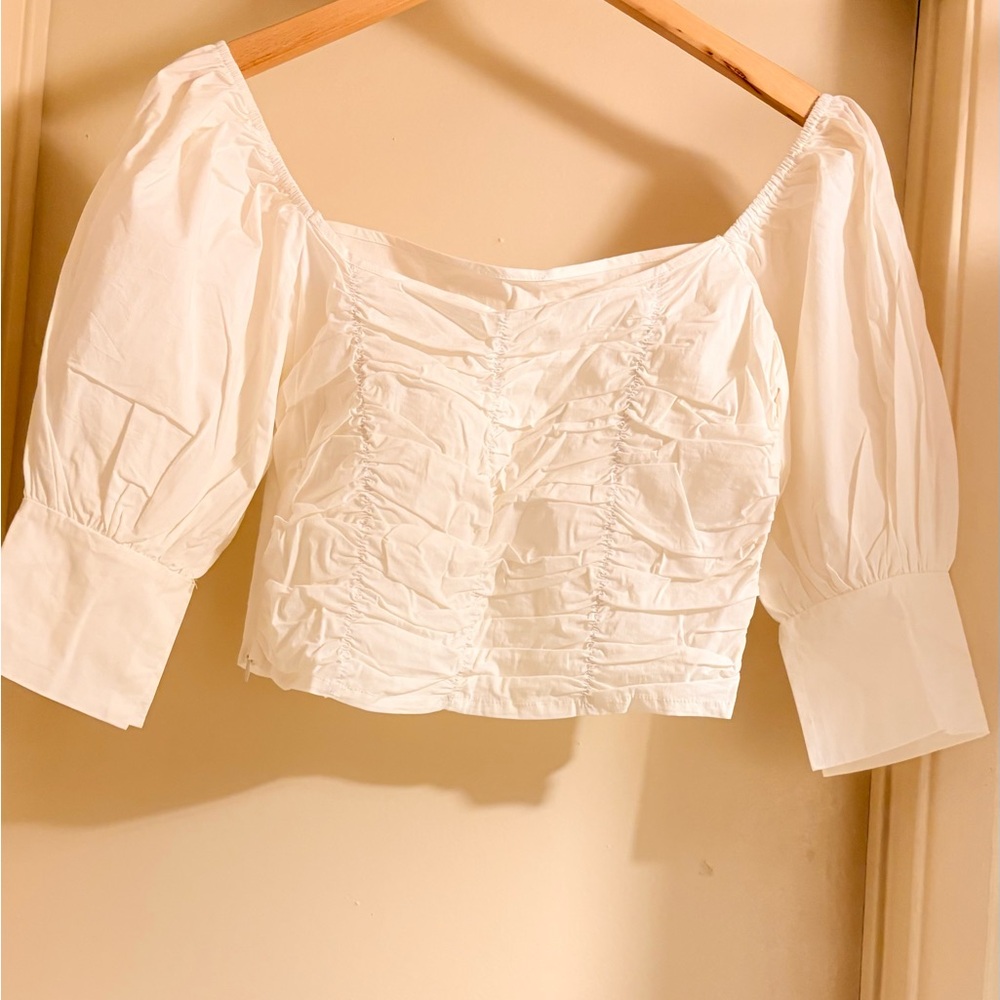 SHEIN Cream Ruched Puff Sleeve Blouse